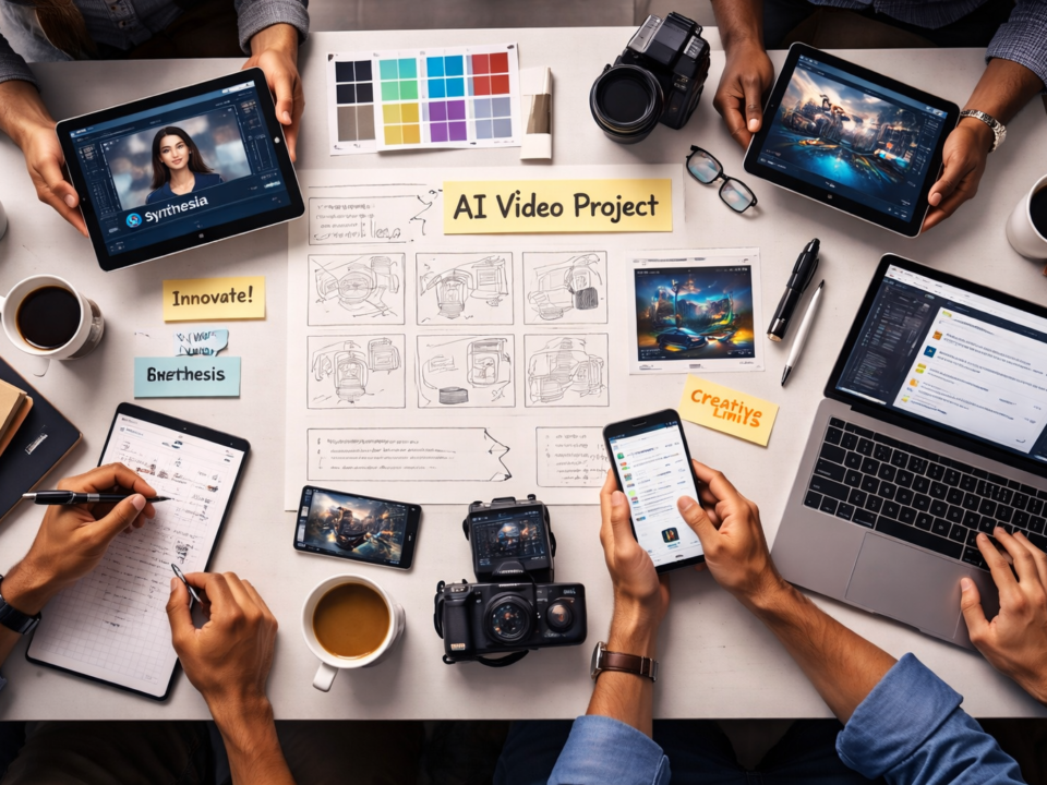 Creative team using AI tools to develop an AI video project with digital design concepts and storyboards