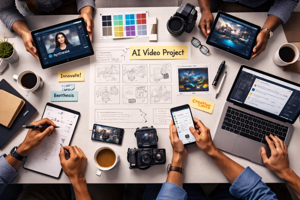 Creative team using AI tools to develop an AI video project with digital design concepts and storyboards