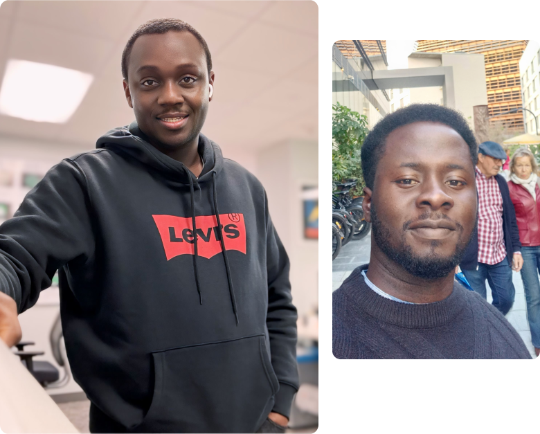 who we are2 - Proflinks Media and Technology Composite image: left photo shows a smiling man in a black Levi's hoodie indoors; right photo shows a man in a dark sweater outdoors, with a small group in the background.